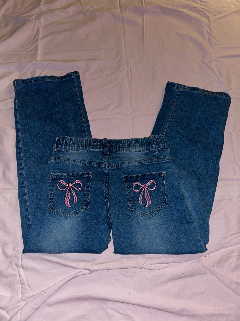 Girls' Dark Blue Denim Jeans with Pink Bow Pocket Embroidery